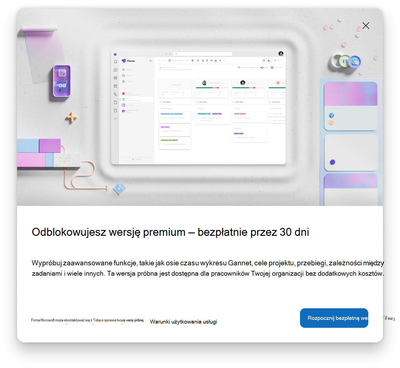 Zrzut ekranu przedstawiający okno dialogowe zapowiadające bezpłatną 30-dniową wersję próbną Premium z podglądem tablicy projektu w stylu aplikacji Planner i przyciskiem Rozpocznij bezpłatną wersję próbną.
