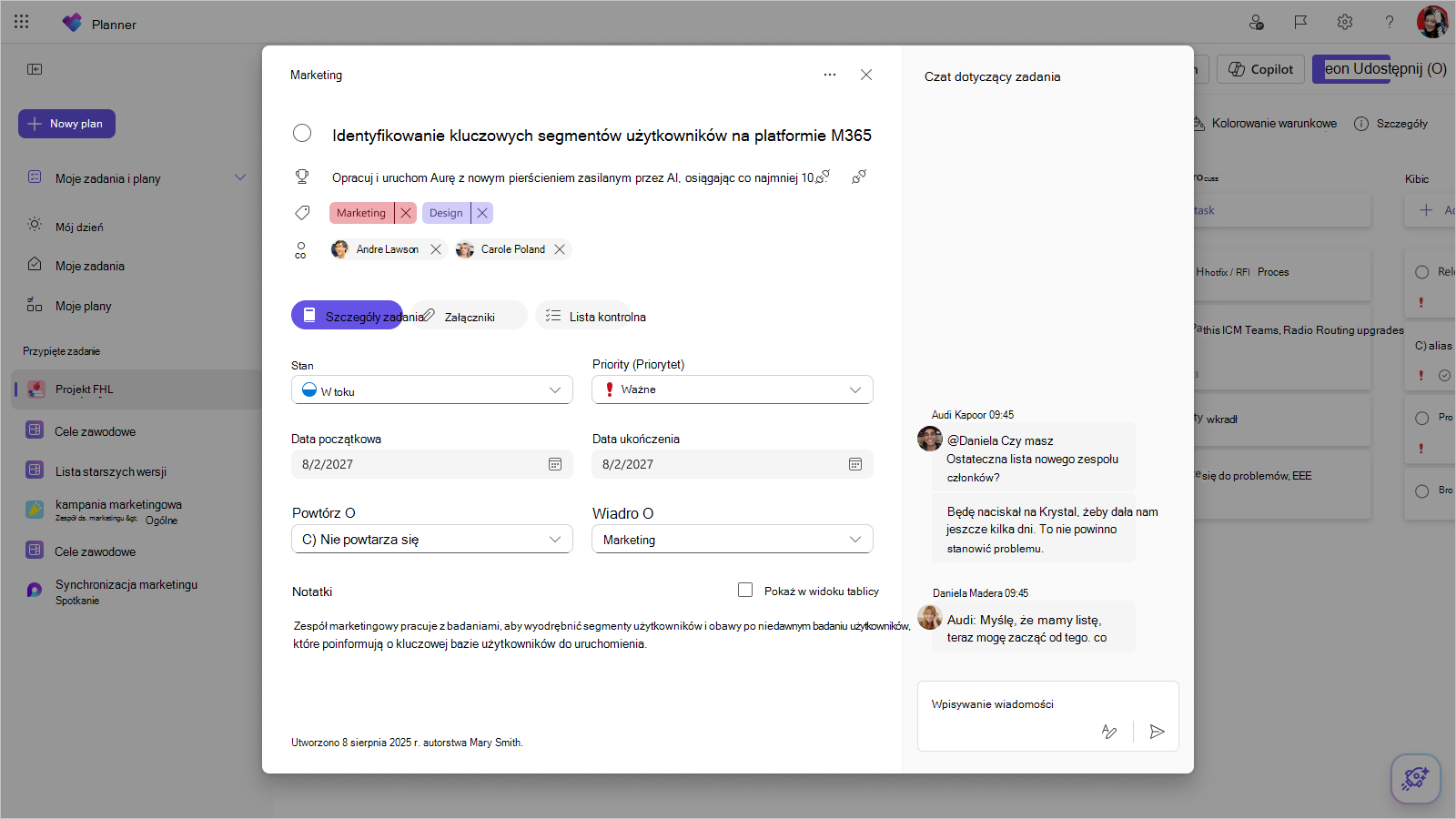 Zrzut ekranu przedstawiający kartę zadania w aplikacji Planner dla sieci Web przedstawiający okienko czatu zadania po prawej stronie szczegółów zadania. Dwóch członków planu rozmawia na czacie o zadaniu przy użyciu wzmianek.
