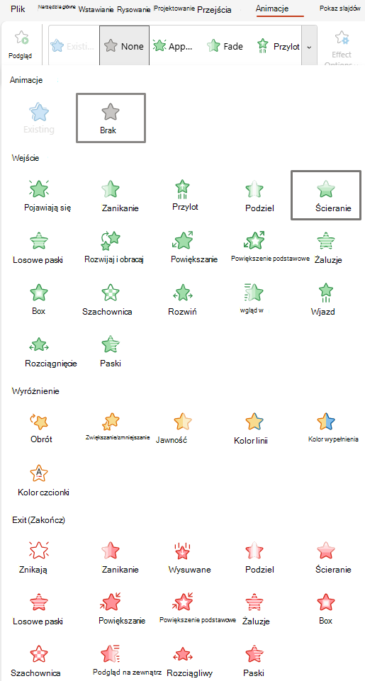 Zrzut ekranu przedstawiający animacje dostępne dla PowerPoint dla sieci web.