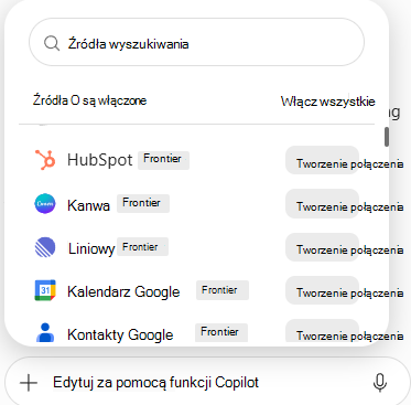 Zrzut ekranu przedstawiający listę łączników z dostępnymi źródłami danych i przyciskami Połącz w programie PowerPoint.
