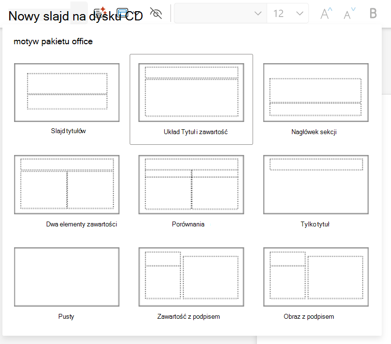 Menu rozwijane Nowy slajd na karcie Narzędzia główne w PowerPoint dla sieci web
