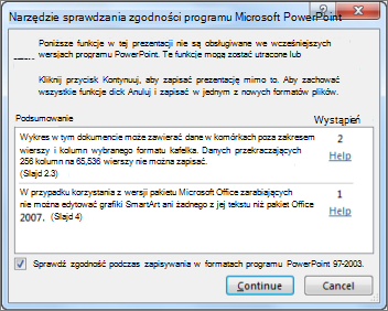 Alert funkcji sprawdzania zgodności