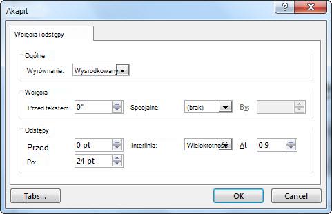 Okno dialogowe Akapit w programie PowerPoint