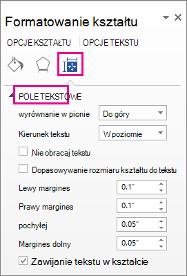 Opcje pól tekstowych w okienku Formatowanie kształtu