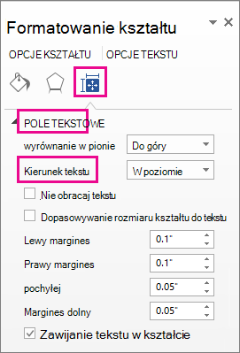 Wybieranie kierunku tekstu w okienku Formatowanie kształtu