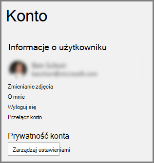 Panel Konto z wyświetlonym przyciskiem Prywatność konta, Zarządzaj ustawieniami