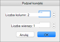 Zrzut ekranu przedstawiający okno dialogowe Dzielenie komórek z opcjami ustawiania liczby kolumn i liczby wierszy.