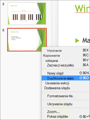 Zrzut ekranu przedstawia zaznaczony slajd oraz opcję Duplikuj slajd wybraną w menu wyświetlanym po kliknięciu prawym przyciskiem myszy.