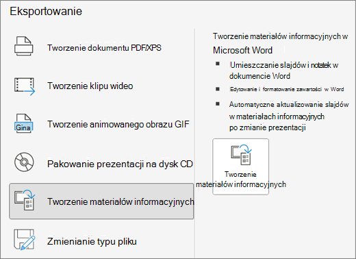 Zrzut ekranu przedstawiający przycisk Eksportuj tworzenie materiałów informacyjnych.