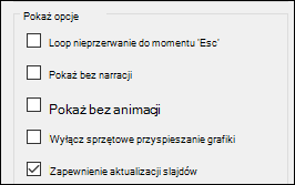 Grupa Pokaż opcje dla pozycji Przygotuj pokaz slajdów z włączoną opcją Zapewnienie aktualizacji slajdów.