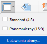 Opcja Ustawienia strony w menu Rozmiar slajdu