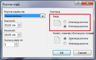 W oknie dialogowym Rozmiar slajdu można zmienić orientację slajdu na pionową lub poziomą.