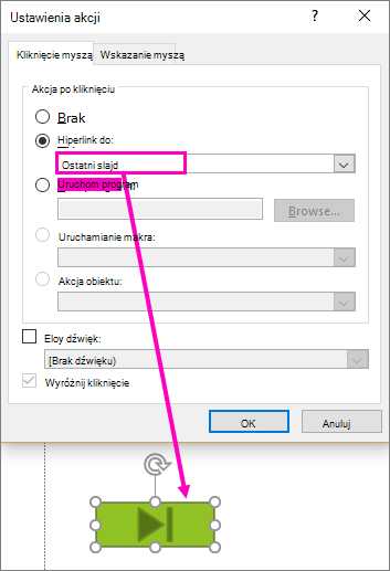 Okno dialogowe konfigurowania przycisków akcji w programie PowerPoint