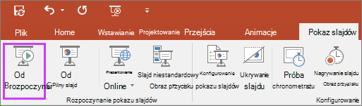 Przycisk Od początku na karcie Pokaz slajdów w programie PowerPoint