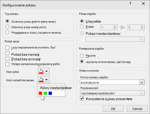 Opcje wskaźnika laserowego w programie PowerPoint