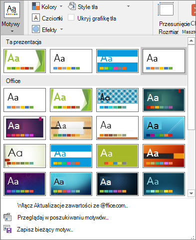 Pokazuje opcje motywów wzorca slajdów w programie PowerPoint
