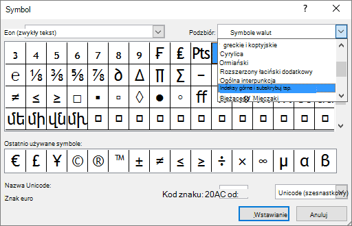 Podzbiory indeksu dolnego i górnego w oknie dialogowym Symbol w programie PowerPoint