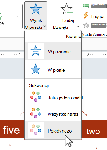 Menu Opcje efektu na karcie Animacje w programie PowerPoint.