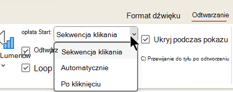 Na karcie Odtwarzanie plików audio dostępne są trzy opcje rozpoczęcia odtwarzania dźwięku.