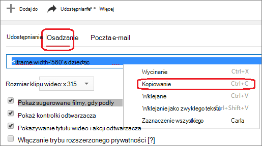 Kopiowanie kodu osadzania elementu iFrame