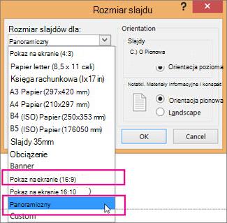 Opcje formatu 16:9 — Panoramiczny lub Pokaz na ekranie