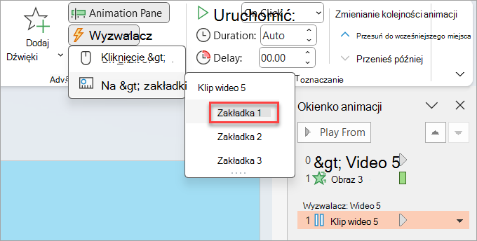 Gdzie ustawić wyzwalacz dla animacji; w takim przypadku po osiągnięciu zakładki w klipie wideo.