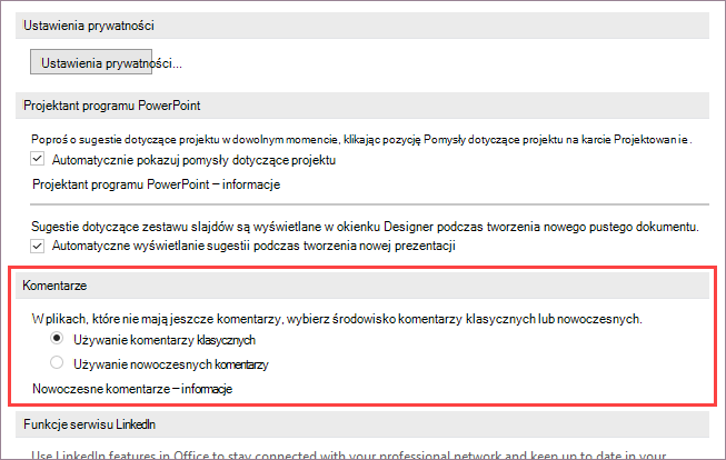 Opcje nowoczesnych komentarzy