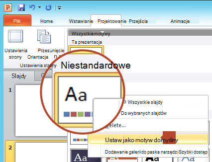 Kliknij prawym przyciskiem myszy nowy motyw pod nagłówkiem Niestandardowy, a następnie wybierz pozycję Ustaw jako motyw domyślny.