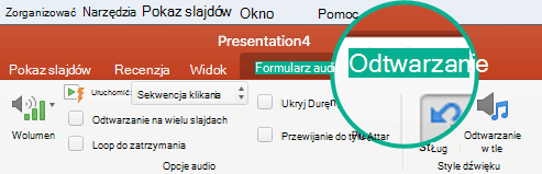 Po zaznaczeniu klipu audio na slajdzie zostanie wyświetlona karta Odtwarzanie na wstążce z paskiem narzędzi, służąca do ustawiania opcji odtwarzania.