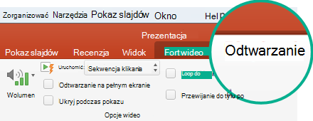 Po zaznaczeniu klipu wideo na slajdzie zostanie wyświetlona karta Odtwarzanie na wstążce z paskiem narzędzi, która umożliwia ustawianie opcji odtwarzania wideo.