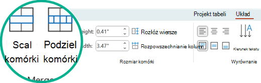 Polecenia Scal komórki i Podziel komórki znajdują się na karcie Układ w programie PowerPoint.