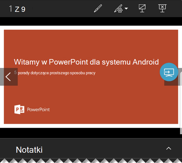 Gdy slajdy są wyświetlane w trybie pełnoekranowym na dużym monitorze, na ekranie telefonu jest wyświetlany widok prezentera z notatkami i kontrolkami nawigacji