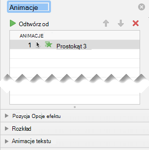 Okienko animacji zawiera opcje efektów, chronometraż i opcje efektu tekstowego