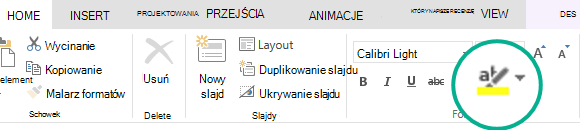Przycisk Zakreślacz tekstu znajduje się na karcie Narzędzia główne wstążki w aplikacji PowerPoint Online