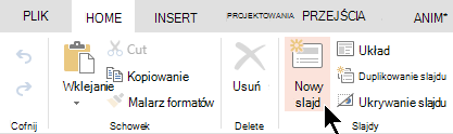 Przycisk Nowy slajd na karcie Narzędzia główne lub na wstążce