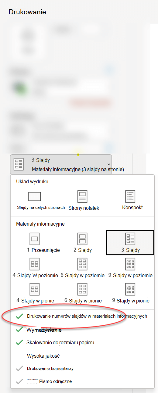 Okno dialogowe Drukowanie w programie PowerPoint z opcją drukowania numerów slajdów w materiałach informacyjnych.