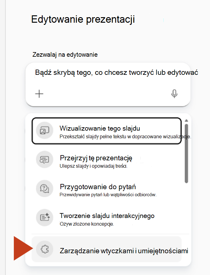 Zrzut ekranu przedstawiający wybieranie pozycji Zarządzaj wtyczkami i umiejętnościami z menu plus w okienku funkcji Copilot.