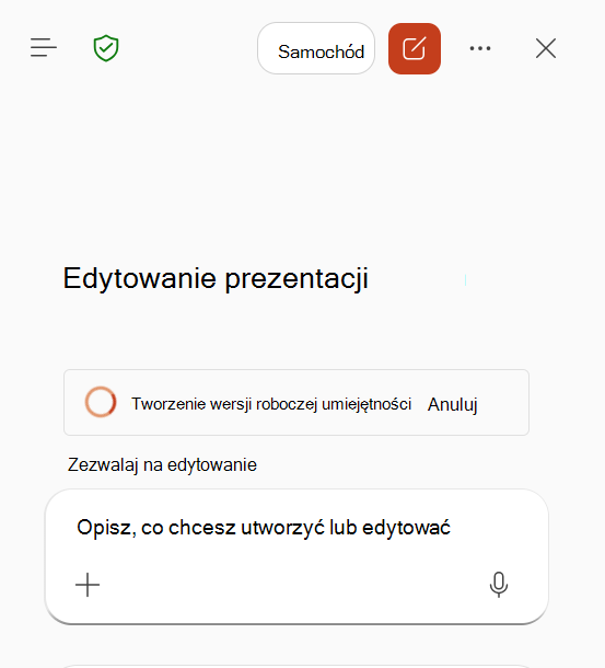 Zrzut ekranu przedstawiający funkcję Copilot przetwarzającą nagrany przepływ pracy w celu utworzenia wersji roboczej umiejętności.