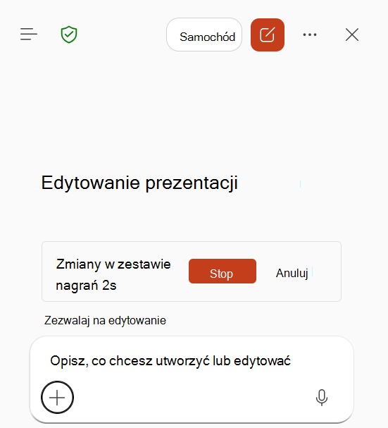 Zrzut ekranu przedstawiający rejestrowanie umiejętności w toku w funkcji Copilot w programie PowerPoint.