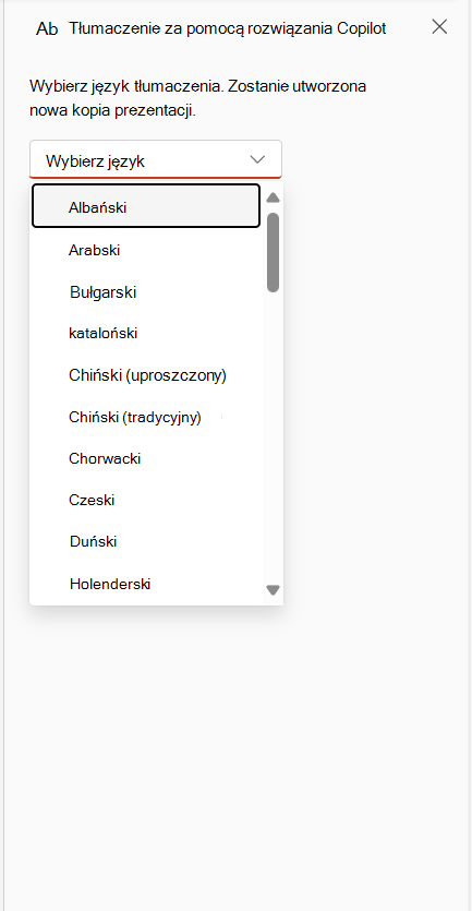 Menu rozwijane Przetłumacz dla wybierania języka