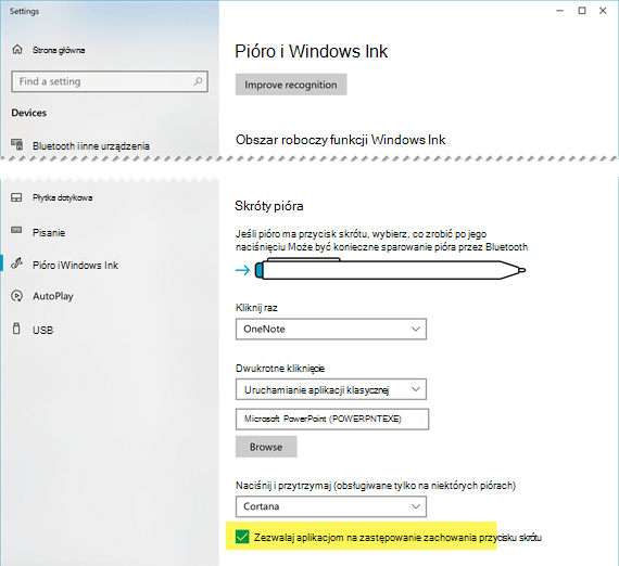 Może być konieczne zezwolenie programowi PowerPoint na zastępowanie zachowania przycisku skrótów pióra.