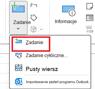 Obraz przycisku Zadanie w grupie Wstawianie na karcie Zadanie.