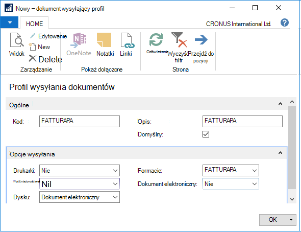 Zrzut ekranu przedstawiający profil wysyłania dokumentów