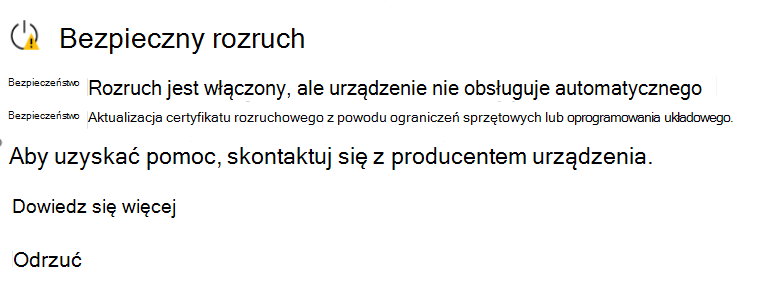 Sekcja Bezpieczny rozruch ze stanem Jeszcze nie zaktualizowano z żółtą ikoną ostrzeżenia.