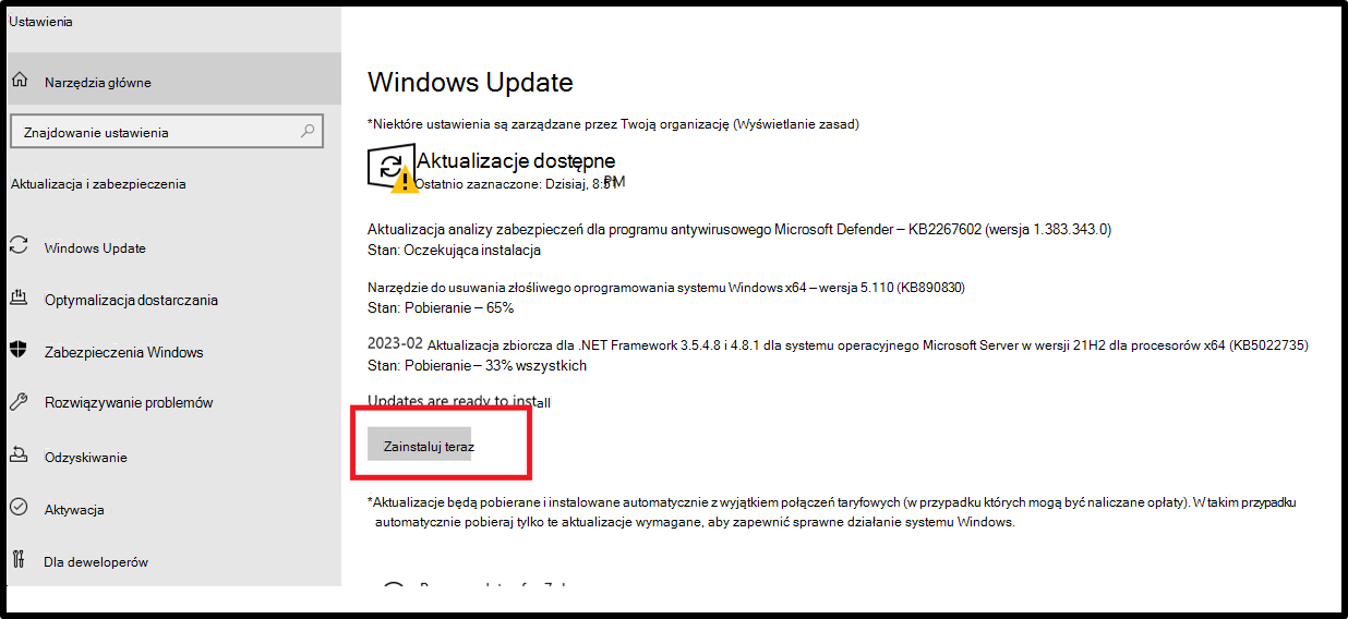 Interfejs użytkownika ustawień usługi Windows Update