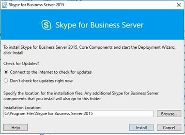 Konfiguracja programu Skype dla firm Server z wybraną opcją aktualizacji i przyciskiem Zainstaluj