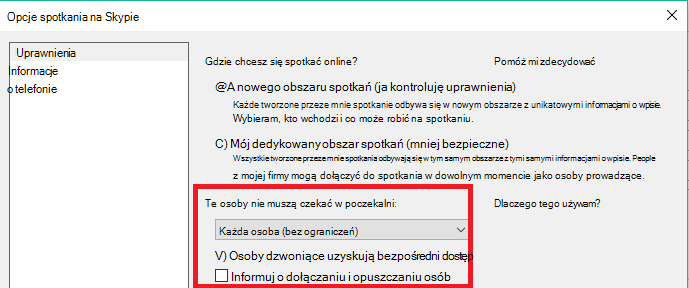 Opcje spotkania na Skypie Karta Uprawnienia z wyróżnionymi opcjami poczekalni