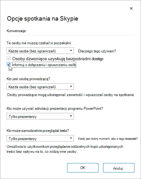 Meeting options dialog with announce when people enter or leave highlighted