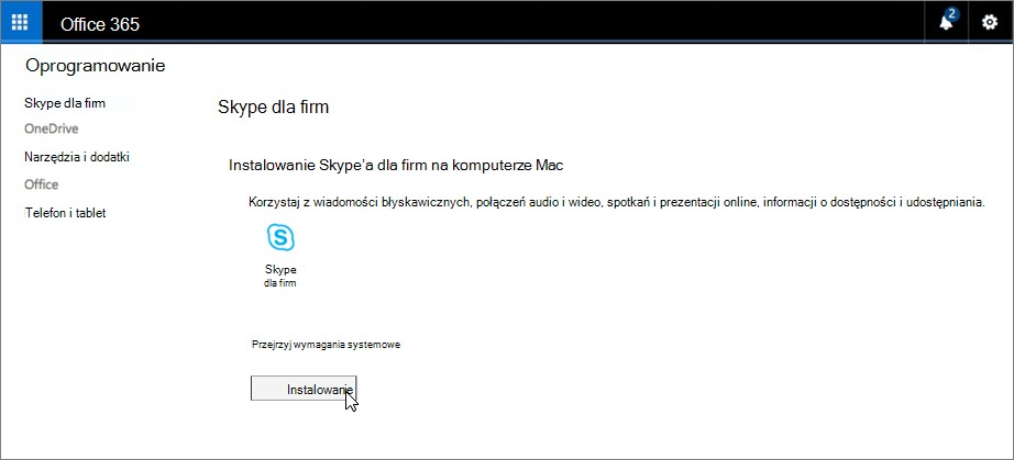 Strona instalacji programu Skype dla firm na komputerze Mac