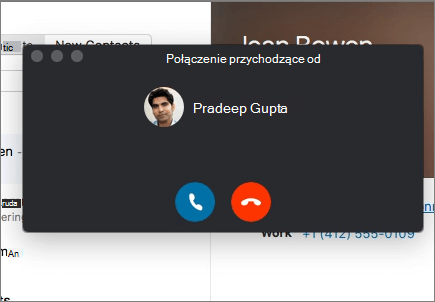 Zrzut ekranu przedstawiający okno dialogowe rozmowy przychodzącej.